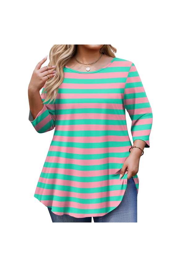 L-5XL Striped 3/4 Sleeve T Shirts for Women Plus Size Curved Hem Crewneck Tops for Women Color Block Fashion Tunics Tops for Women