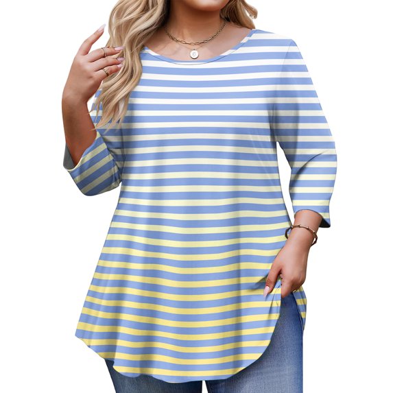 Garbnen L-5XL Striped Plus Size Shirts for Women 3/4 Sleeve Curved Hem Crew Neck Tops for Women Color Block Spring Women's Tunics