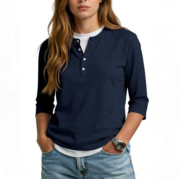 Garbnen Layered Shirts for Women Button Up Patchwork Color Block Women 3/4 Sleeve Tops Spring Summer Women's Tunic Tops