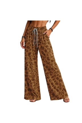 Leopard Print Womens Palazzo Pants Elastic Drawstring Waist Wide Leg Sweatpants Women with Pockets Lightweight Cotton Fall Winter Womens Pants