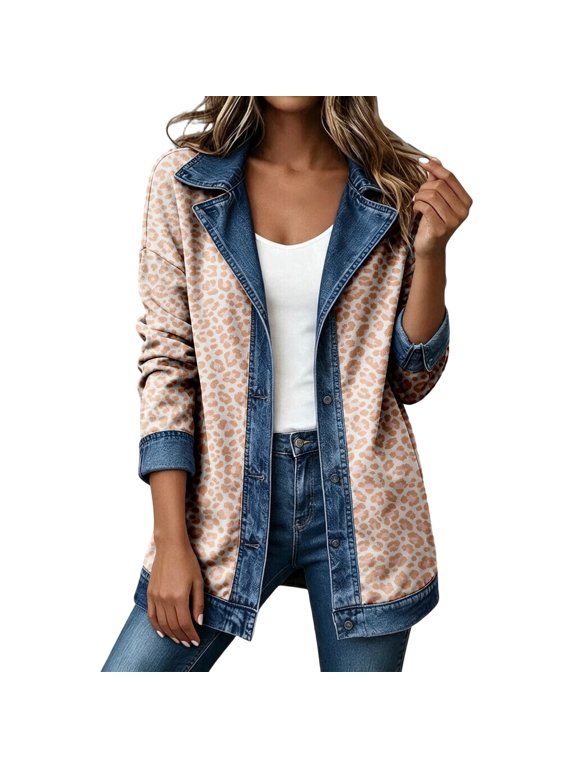 Leopard Womens Denim Jacket Patchwork Color Block Button Front Long Sleeve Women Jean Jacket Warm Cozy Fall Streetwear Coats for Women