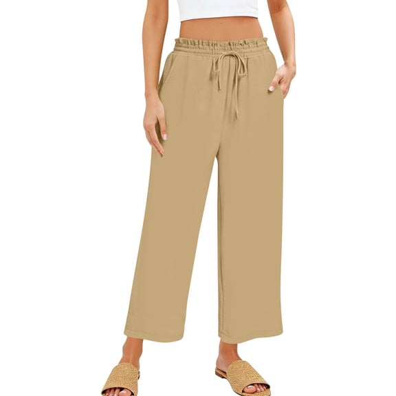 Garbnen Linen Cotton Pants Women Casual Baggy Drawstring Pants Wide Leg Woman Travel Summer Beach Cropped Woman Trousers Pants with Pocket