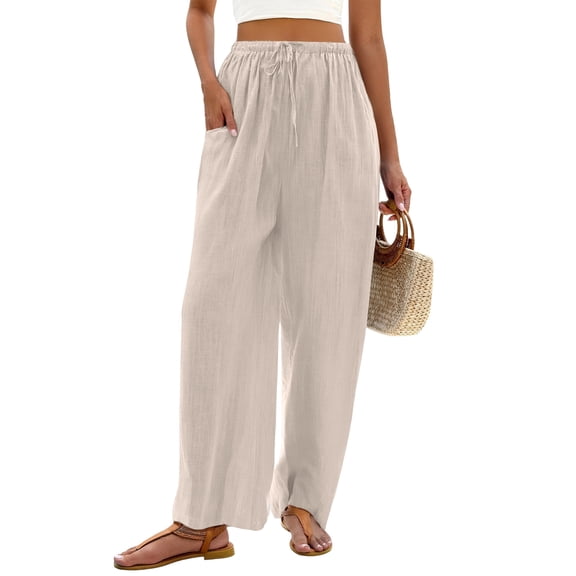 Garbnen Linen Cotton Pants Women Casual Baggy Drawstring Womens Wide Leg Pants Travel Summer Beach Womens Trouser Pants with Pocket