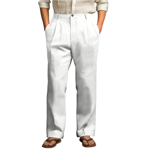 Garbnen Linen Mens Pants Straight Leg Elastic Waist Baggy Trouser for Men Beach Spring Summer Mens Casual Pant with Pockets
