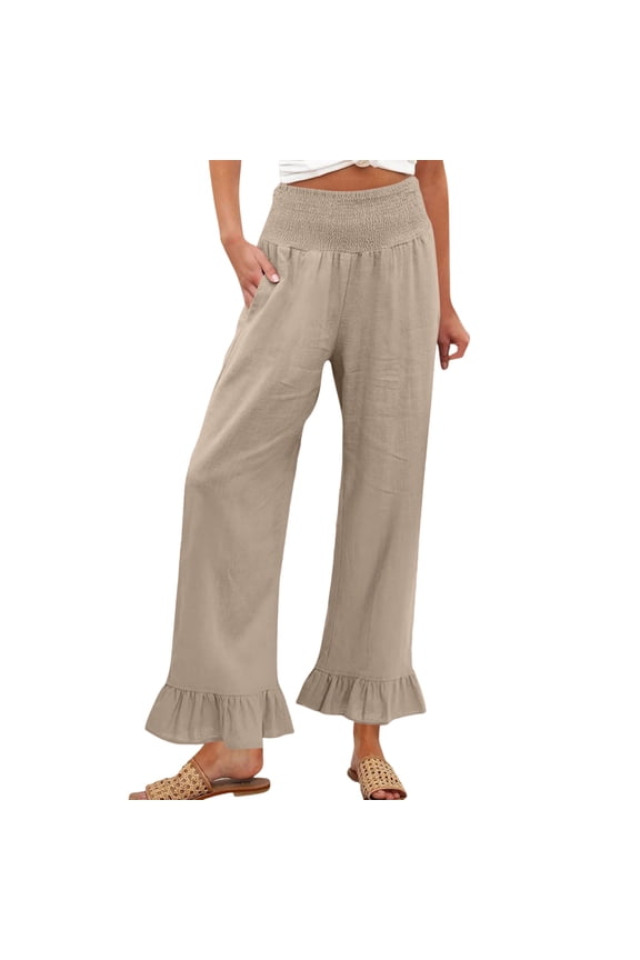 Linen Pant Women Ruffle Hem High Waisted Wide Leg Pants Woman Travel Summer Beach Elastic Waist Women Trousers