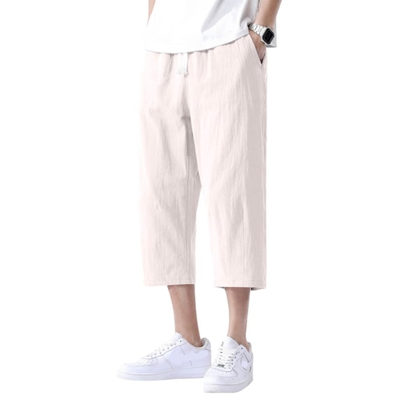 Garbnen Linen Pants Mens Drawstring Elastic Waist Capri Pants Men Wide Leg Loose Fit Summer Trouser for Men with Pockets