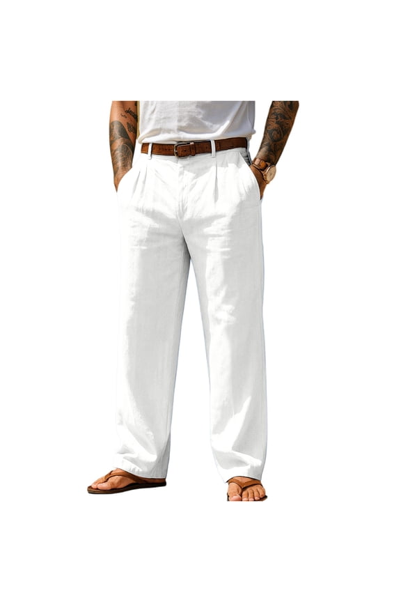 Linen Pants Mens Straight Leg Elastic Waist Baggy Trousers Pants for Men Beach Spring Summer Mens' Lounge Pants with Pockets