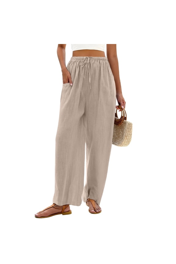 Linen Pants Women Casual Baggy Drawstring Wide Leg Pants Women Summer Beach Vacation Women Trouser with Pocket