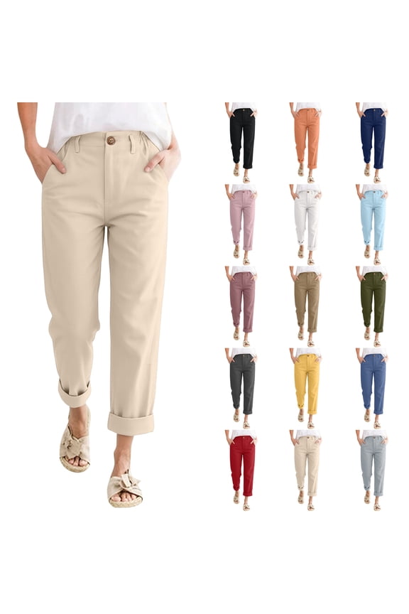 Linen Pants for Women High Waisted Elastic Waist Straight Leg Women's Lounge Pants Comfy Beach Travel Summer Pants for Women with Pockets Yellow XL