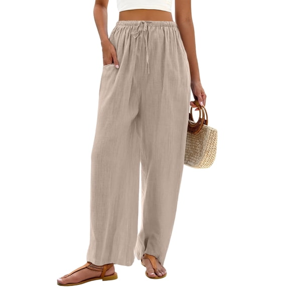 Garbnen Linen Pants Womens Casual Baggy Drawstring Wide Leg Womens Pants Summer Beach Vacation Trouser Pants Women with Pocket