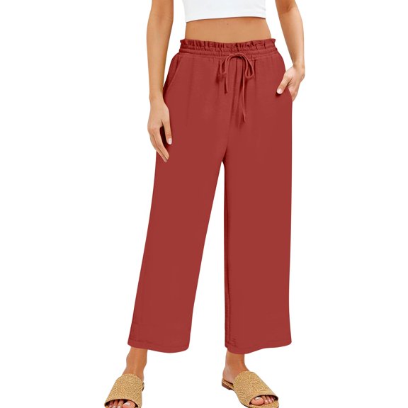 Garbnen Linen Pants Womens Casual Baggy Drawstring Womens Wide Leg Pants Summer Beach Vacation Cropped Trouser Pants for Women with Pocket