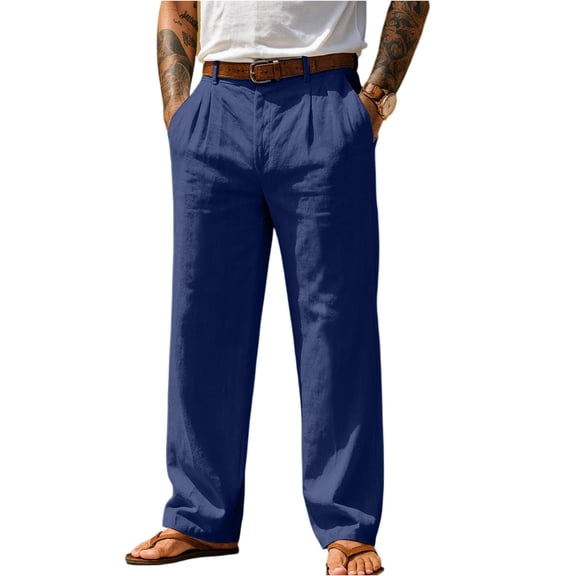 Garbnen Linen Pants for Men Baggy Elastic Waist Wide Leg Men Trousers Spring Summer Beach Mens Pants Casual with Pockets