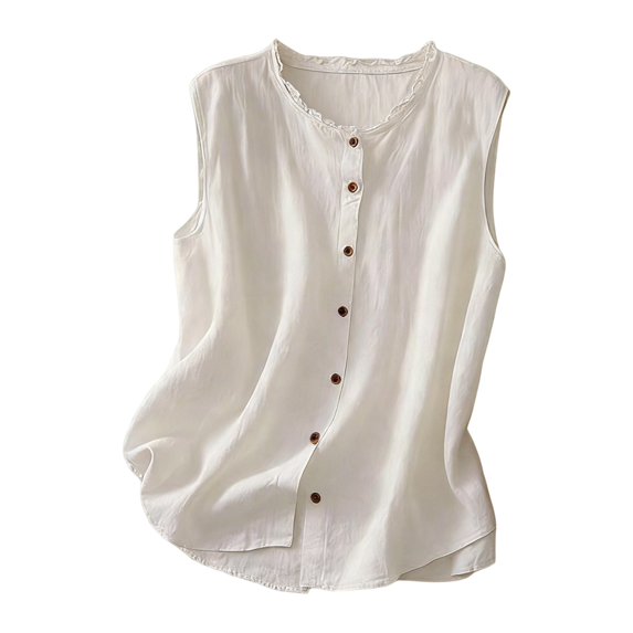 Garbnen Linen Tank Top Women Crew Neck Sleeveless Button Tank Top Flowy Summer Beach Vacation Women Tunic Top