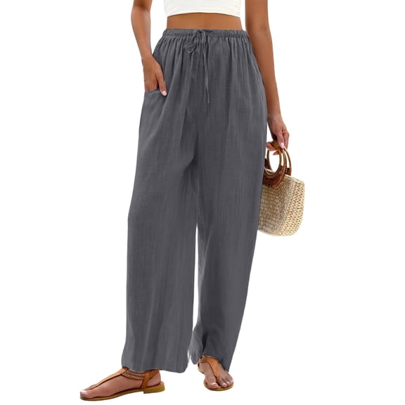 Garbnen Linen Womens Pants Casual Baggy Drawstring Wide Leg Pants Women Travel Summer Beach Trouser Pants Women with Pocket