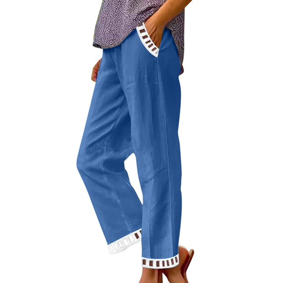 Garbnen Linen Womens Pants Elastic Waist Loose Comfy Women's Straight Leg Pants Summer Beach Vacation Trouser Pants for Women with Pocket