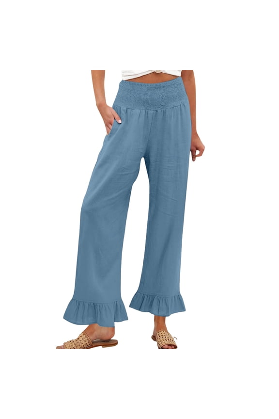 Linen Womens Pants High Waisted Ruffle Hem Women's Wide Leg Pants Elastic Waist Summer Beach Vacation Trousers Women