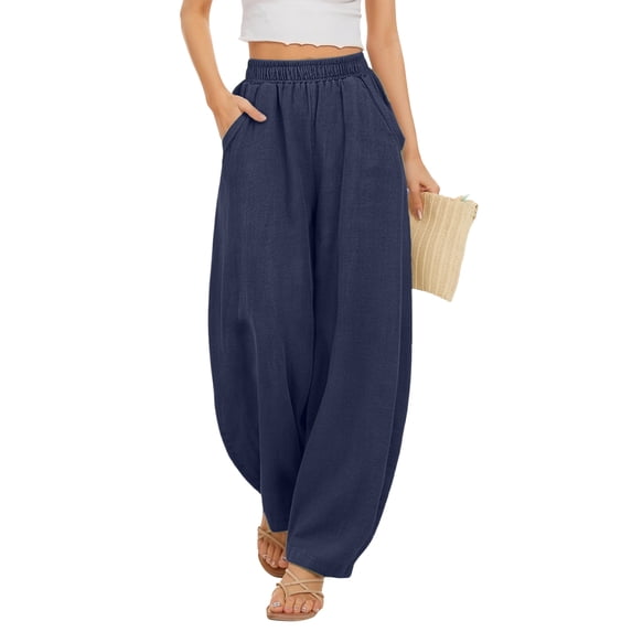 Garbnen Linen Womens Pants Wide Leg Women's Harem Pants Loose Fit Lightweight Vacation Summer Beach Pants for Women with Pockets