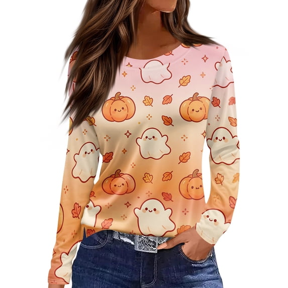 Garbnen Long Sleeve Halloween Shirts for Women Pumpkin Ghost Spooky Womens Graphic Tshirts Loose Fit Cute Holiday Pullover Tops for Women Yellow XL