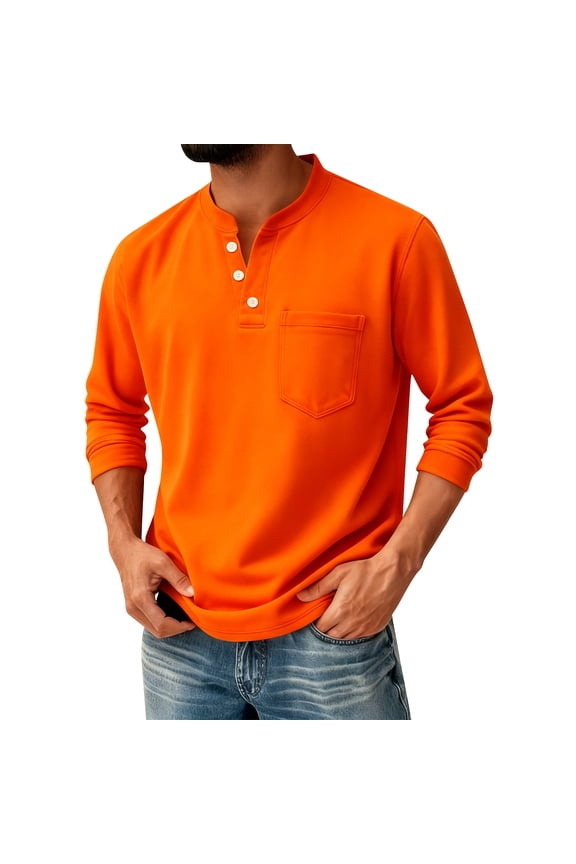 Long Sleeve Henley Shirts for Men Casual Fashion Pullover 3-Button Spring Top For Man with Pocket Orange L