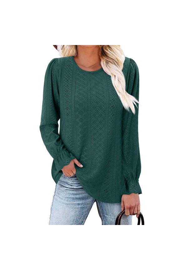 Long Sleeve Ribbed Shirt Women Dressy Fitted Ruffle Trim Crew Sweater Women Knit Womens Pullover