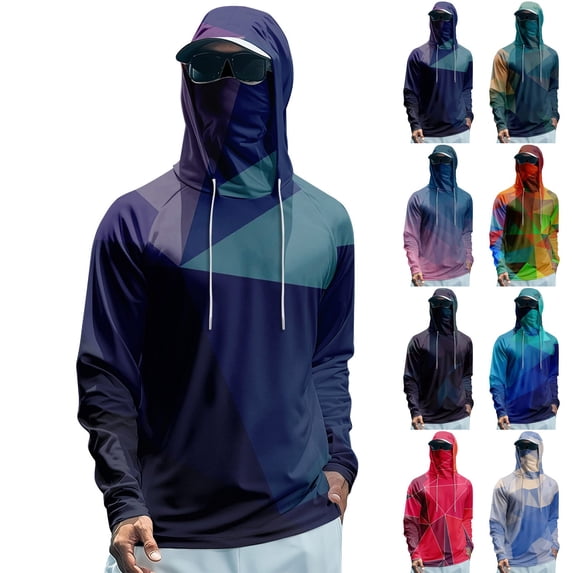 Garbnen Long Sleeve T Shirt Men UPF 50+ Sun Protection Hooded with Mask Rash Guards for Men Quick Dry Gradient Summer Outdoor Fishing Hiking Men's Sun Shirt XL