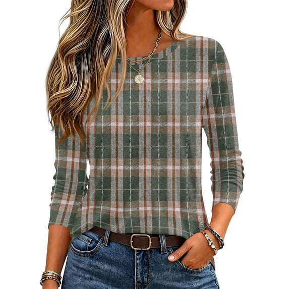 Garbnen Long Sleeve Tops for Women Plaid Crewneck Shirt Women Basic Color Block Fall Winter Casual Dressy Women Blouses Green XXL