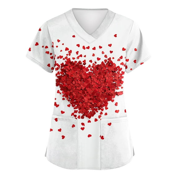 Garbnen Love Heart Graphic Valentines Scrubs Tops for Women Short Sleeve V Neck Stretch Scrubs for Women with Pocket Work Shirt Women Plus Size S-5XL