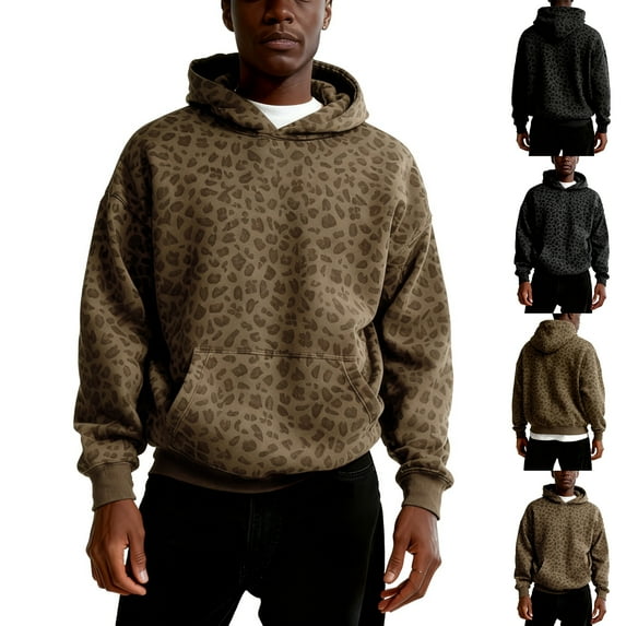 Garbnen Man Print Hoodie Y2k Leopard Print Hoodie Long Sleeve Sweatshirt Pullover Vintage Mens streetwear Hoodies With Kangaroo Pockets Gray XXXL