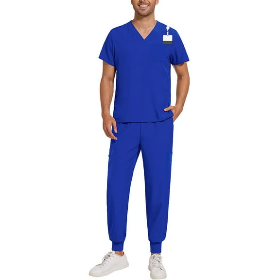 Garbnen Medical Scrubs Set for Men Stretch V-Neck Scrubs Tops & Jogger Pants Nursing Uniform with Pockets
