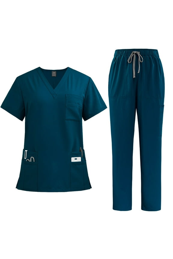 Medical Scrubs Top and Pants Stretch V-Neck Scrub Tops for Women Fitted & Yoga Jogger Scrub Pants Nurse Uniform with Pockets