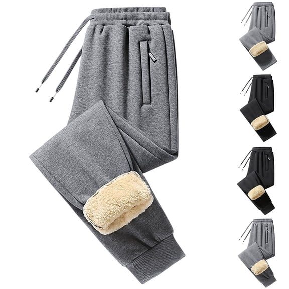 Garbnen Men Fleece Sweatpants with Zipper Pockets Drawstring Straight Leg Mens Johgers Thicken Plush Winter Warm Lounge Pants Men