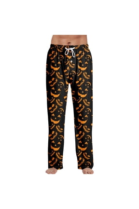 Men Halloween Pajama Pants Pumpkins Print Sleep Pants for Men Drawstring Elastic Waist Soft Fall Winter Wide Leg Lounge Pants for Men Yellow XXL