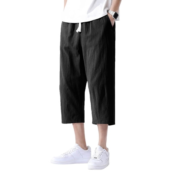 Garbnen Men Linen Pants Elastic Waist Drawstring 3/4 Pants Men Summer Relaxed Fit Wide Leg Casual Men Trousers with Pockets