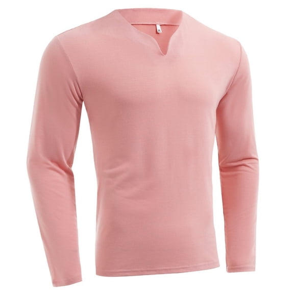Garbnen Men Long Sleeve Shirts Stretch Slim Fit V Neck Mens Undershirts Fleece Spring Basic Pink T Shirts for Man