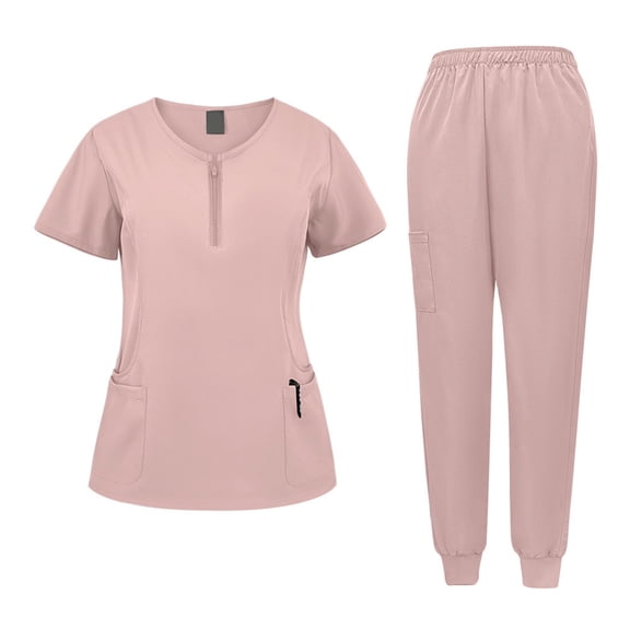Garbnen Men and Women Scrub Set Unisex Stretch Zipper Short Sleeve Scrubs Top and Pants Uniform Scrubs Suit for Unisex with Pocket