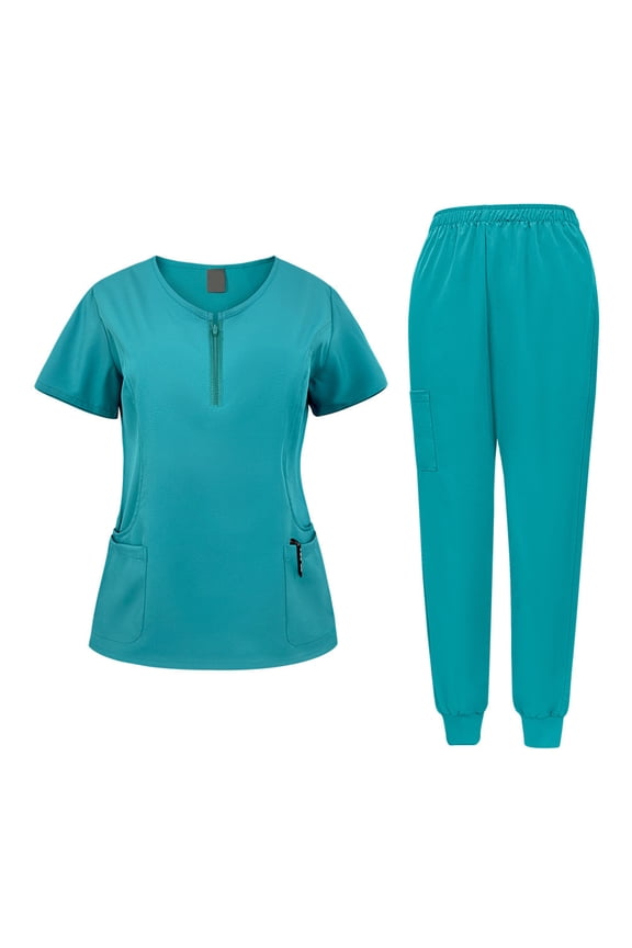 Men and Women Scrub Set Unisex Stretch Zipper Short Sleeve Top Scrub Pants Nursing Uniforms Scrubs Sets with Pocket