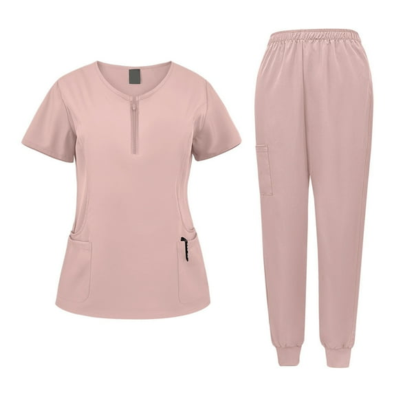 Garbnen Men and Women Scrub Set Unisex Stretch Zipper Short Sleeve Top and Elastic Waist Pant Nurse Uniforms Set with Pocket