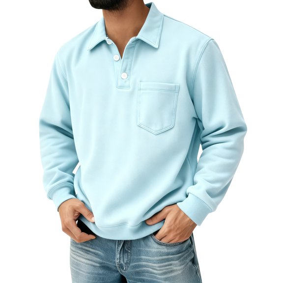 Garbnen Men's Casual Long Sleeve Polo Shirt Solid Collared T-Shirt Polo Shirts Spring Top For Man With Pocket Blue XXXL