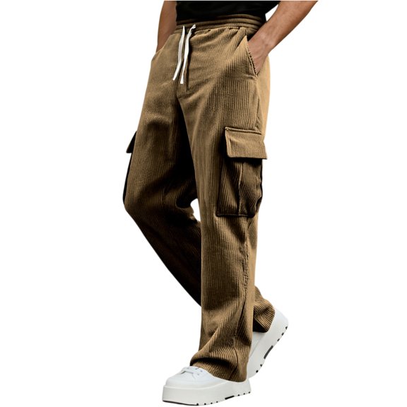 Garbnen Mens Corduroy Pants Straight Leg Drawstring Baggy Cargo Pant for Men Spring Summer Loose Fit Trousers Pants for Men with 4 Pockets