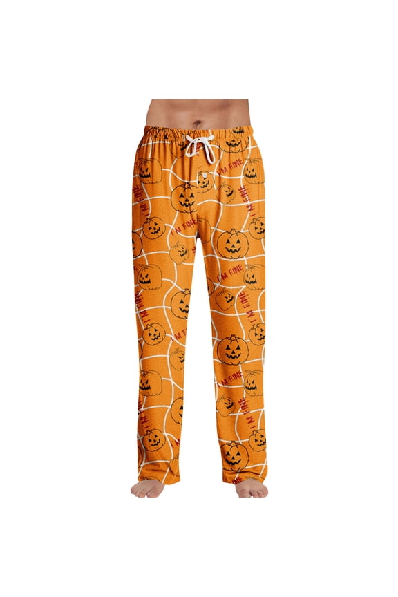 Mens Halloween Pajama Pants Pumpkins Print Men's Pajama Pants Elastic Waist Drawstring Soft Fall Winter Wide Leg Lounge Pants for Men M