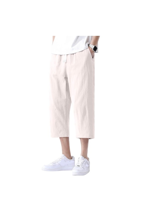 Mens Pants Linen Drawstring Elastic Waist Mens Capri Pants Wide Leg Loose Fit Summer Trousers Pants for Men with Pockets