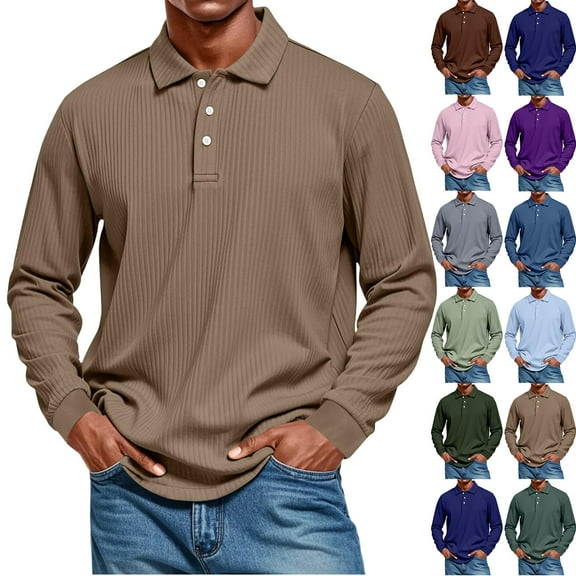 Garbnen Mens Polo Shirt Long Sleeve Button Front Mens Pullover Sweatshirt Fall Winter Ribbed Stretch Collared Men’s Shirts