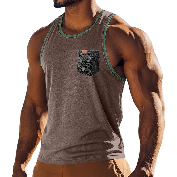 Garbnen Mens Tank Tops Summer Beach Crew Neck Mens Sleeveless Shirt Lightweight Sports Big and Tall Men's Muscle Shirts with Pockets Brown XXXL