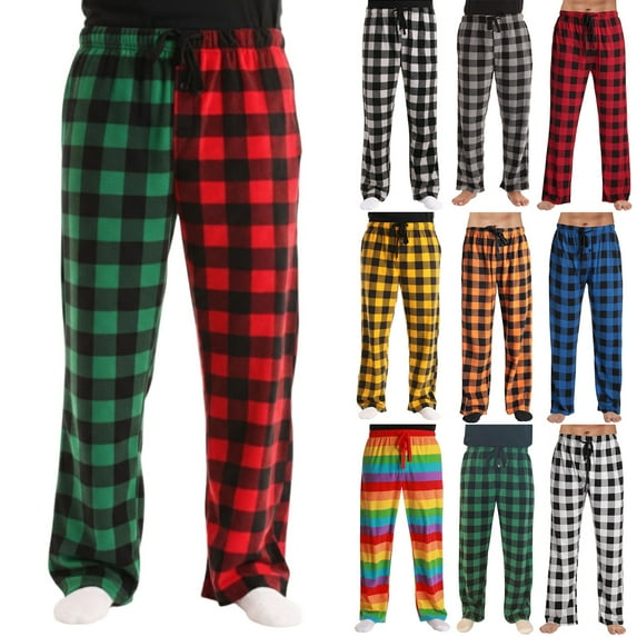 Garbnen Multicolor Plaid Pajama Pants Color Block Straight Leg Mens Sleeping Pants Drawstring Spring Summer Trouser for Men with Pocket