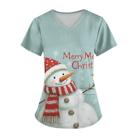 Garbnen Nightmare Before Christmas Scrub Top Funny Xmas Printed V Neck Short Sleeve Fall Scrub Tops for Women Nurse Uniforms with Pocket S-5XL