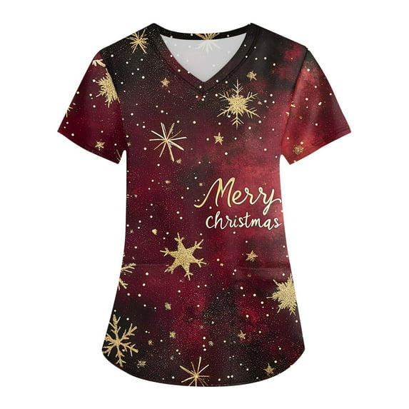 Garbnen Nightmare Before Christmas Scrub Top Funny Xmas Printed V Neck Short Sleeve Fall Scrubs Top for Women Nursing Tops with Pocket S-5XL