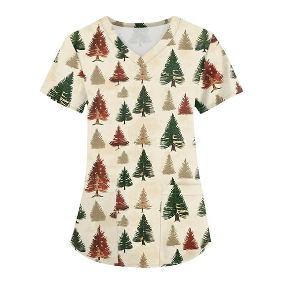 Garbnen Nightmare Before Christmas Scrub Top Funny Xmas Printed V Neck Short Sleeve Fall Under Scrubs for Women Nurse Working Uniforms with Pocket S-5XL