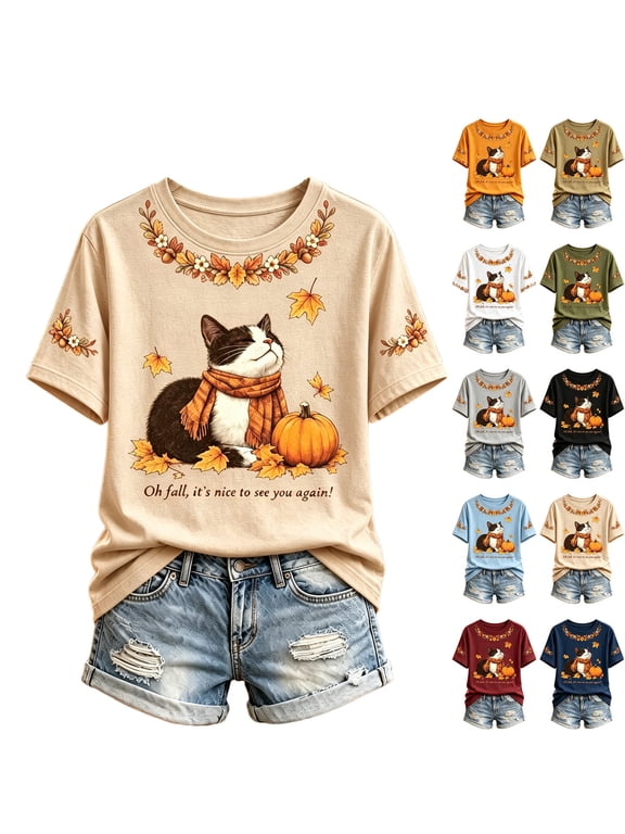 Oh Fall It's Nice to See You Again Women Shirts Cat Pumpkin Print Short Sleeve Womens Graphic Tees Happy Fall Holiday Cozy Vintage Tops for Women
