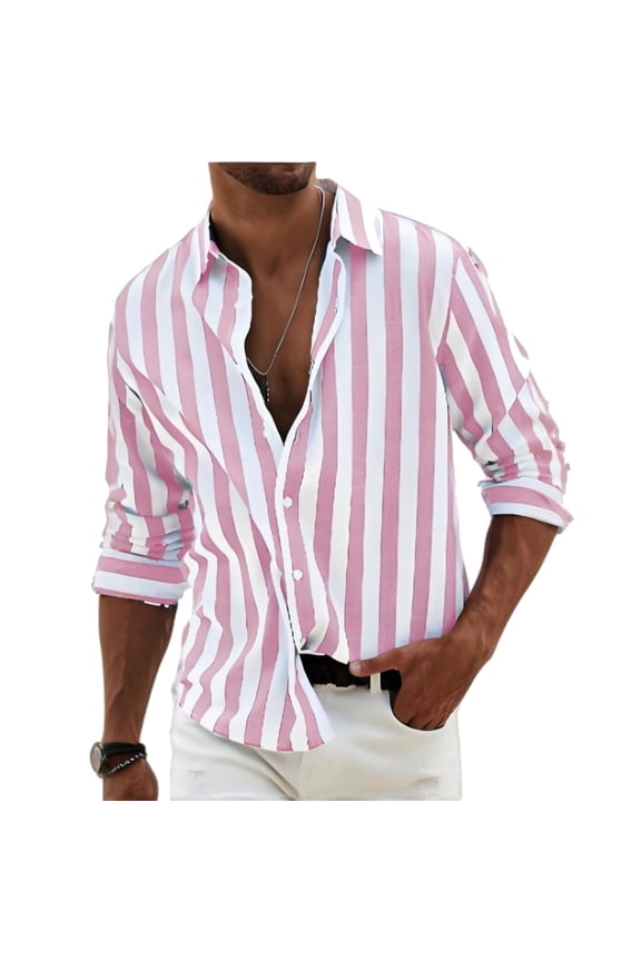 Pink Stripped Shirt Men Cotton Linen Mens Button Down Long Sleeve Regular Fit Spring Summer Collared Shirts for Men