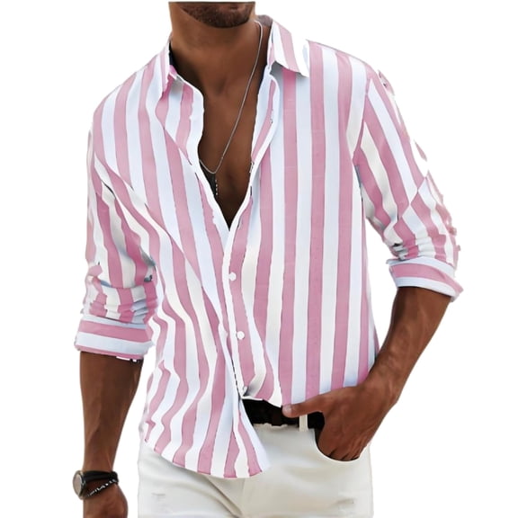 Garbnen Pink Stripped Shirt Men Cotton Linen Mens Button Down Long Sleeve Regular Fit Spring Summer Collared Shirts for Men